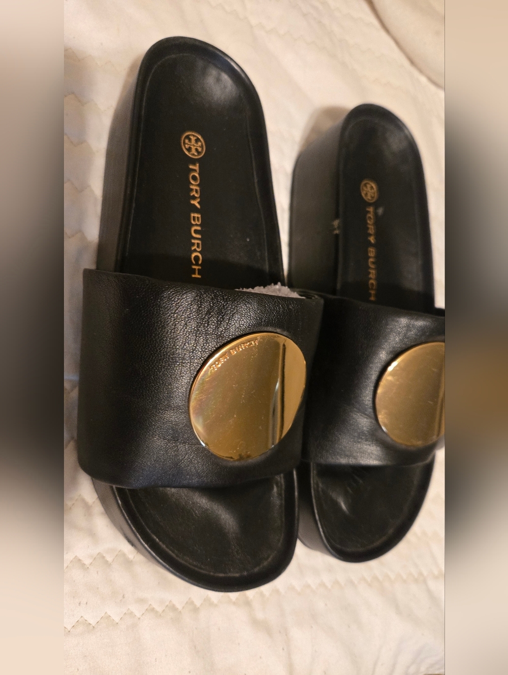 Tory Burch Black Slide Sandals with Gold Medallion - Picture 5 of 16